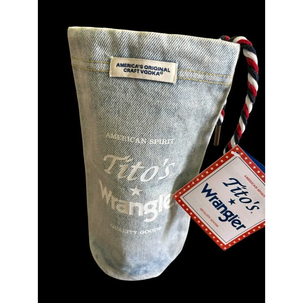 Tito's Handmade Vodka Wrangler Denim Bottle Sleeve Bag Drawstring New No Bottle